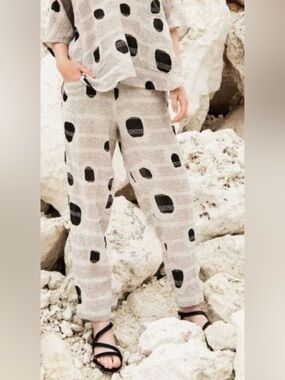Noen Boutique Women's Art Print circle dash linen trouser pant pockets size 8